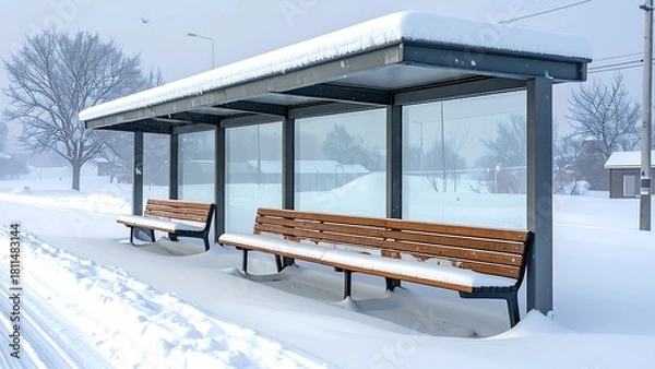Fototapeta A bus stop with two benches covered in fresh white snow on a cold winter day, with bare trees in the background.