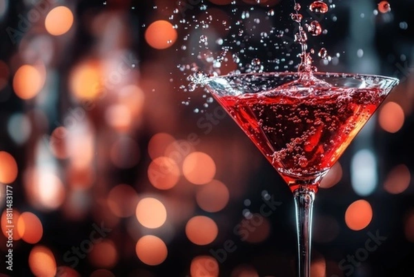 Fototapeta A vibrant red cocktail is served in a martini glass, with a splash of liquid creating a dynamic visual effect against the blurred background of warm, out-of-focus lights.