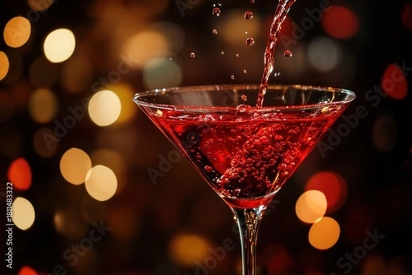 Fototapeta A vibrant red cocktail is being poured into a martini glass, with a blurred background of bokeh lights creating a festive atmosphere.