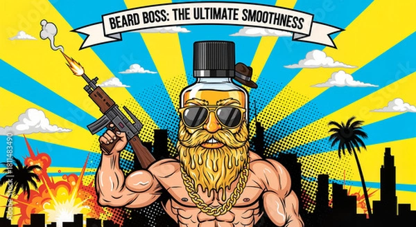 Fototapeta Cartoonish warlike elderly man with a grey beard holding a machine gun in a busy city, comic-like caricature