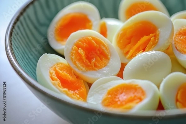 Fototapeta A bowl of boiled eggs with a vibrant orange yolk and a white center, set against a simple blue and white striped bowl.