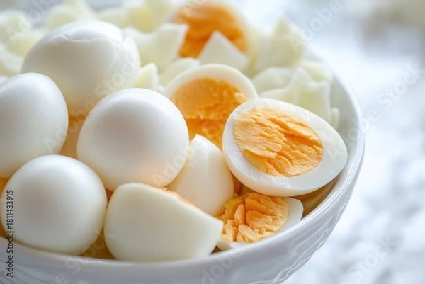 Fototapeta A bowl filled with boiled eggs, diced potatoes, and a slice of ham. The bowl is placed on a white tablecloth, and the scene takes place in a kitchen setting with a window in the background.