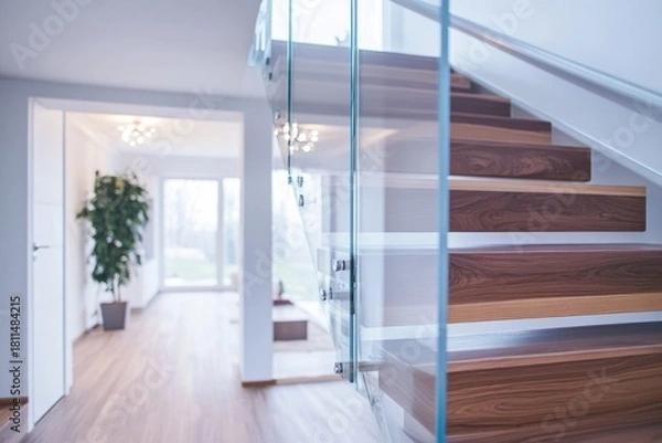 Fototapeta A modern, minimalist home with a sleek glass staircase and wooden floors, featuring a large window that lets in plenty of natural light, a chandelier, and a comfortable seating area.