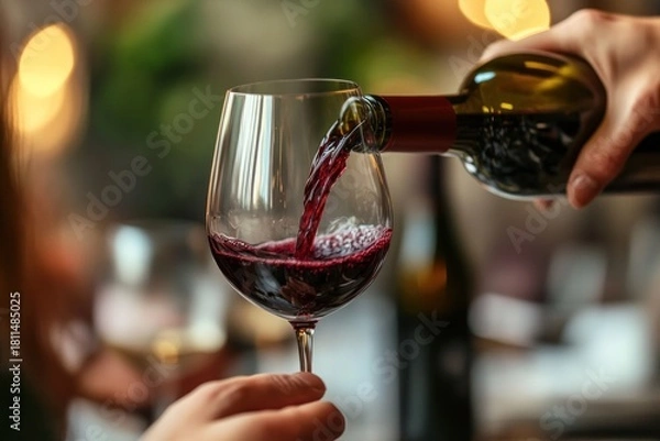 Fototapeta A vibrant red wine is poured into a clear glass, revealing the rich, full-bodied flavor of the wine as it swirls and cascades down the stem.