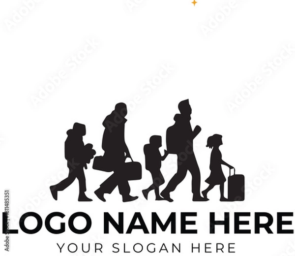 Obraz Family travel logo vector with walking silhouettes and luggage for tourism, migration, or journey branding