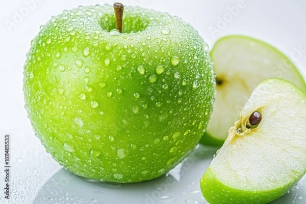 Fototapeta A vibrant green apple with water droplets on its surface, set against a white background.