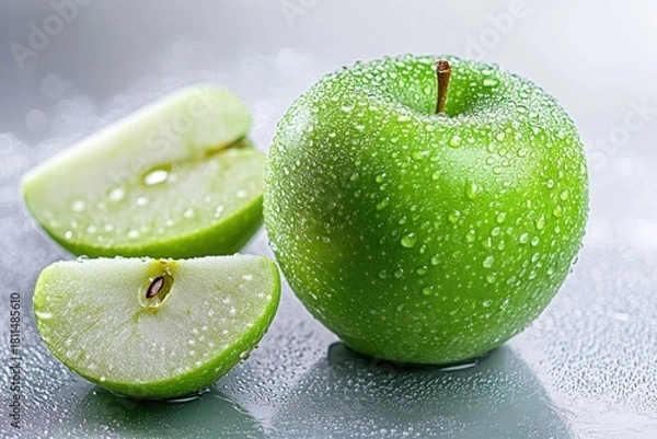 Fototapeta A vibrant green apple with a shiny, dew-kissed surface, nestled among a backdrop of cool, gray tiles.