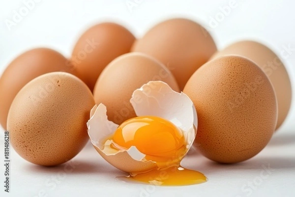 Fototapeta A group of brown eggs arranged in a circular pattern on a white surface.