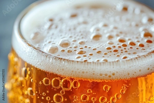 Fototapeta A close-up shot of a glass of beer with a frothy head and bubbles rising to the top.