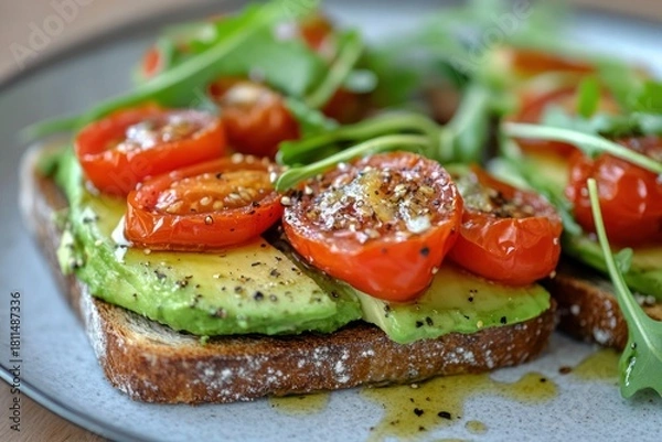 Fototapeta A plate of avocado toast topped with cherry tomatoes, fresh greens, and a drizzle of olive oil.