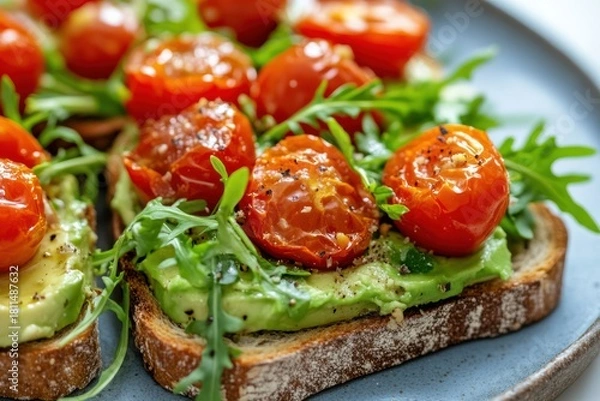 Fototapeta A plate of avocado toast topped with cherry tomatoes, arugula, and a drizzle of olive oil. The toast is served on a blue plate with a white background.