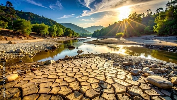 Fototapeta A striking view of a dried riverbed with cracked earth in the foreground, a small stream, and lush green hills under a bright, warm sun.