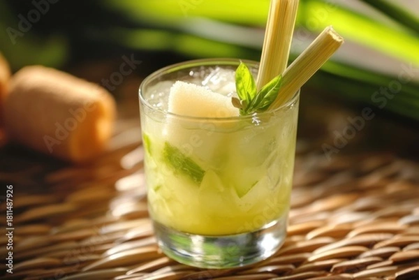 Fototapeta A vibrant tropical drink garnished with fresh mint leaves and slices of lime, served in a tall glass with a straw.