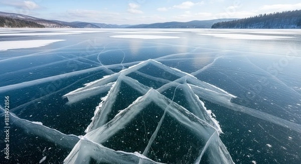 Obraz Frozen Lake Surface With Intricate Ice Formations Under a Clear Blue Sky