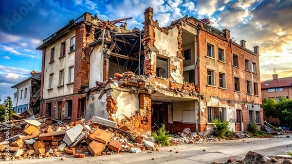 Fototapeta A long, snow-covered industrial warehouse interior with icicles hanging from the ceiling and tire tracks on the icy floor, bathed in cold light.