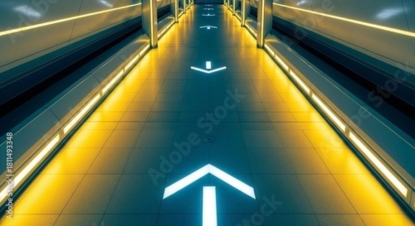 Fototapeta Futuristic Corridor Illuminated With Arrows Creating Directional Movement and Forward Progress