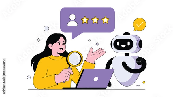 Fototapeta cartoon woman interacting with friendly robot beside laptop, showing positive feedback, trust, and ai collaboration