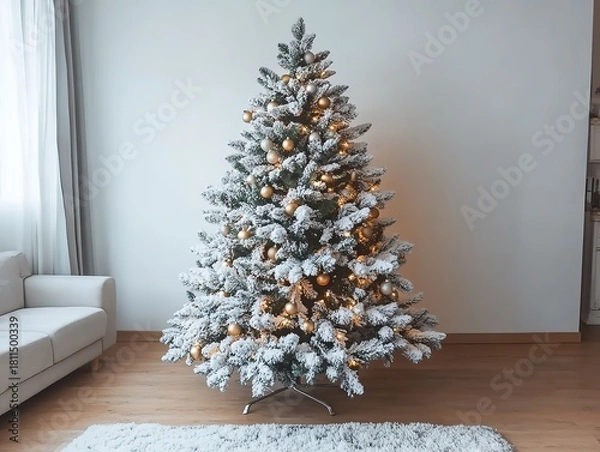 Fototapeta Decorated Christmas tree with lights and snowflakes in empty room, featuring white walls and a sofa. Festive holiday scene suitable for greeting cards, social media posts, advertising banners, 