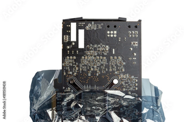 Obraz Graphics Card Backside Surrounded By Anti-Static Bag For Tech Storage isolated on a white background