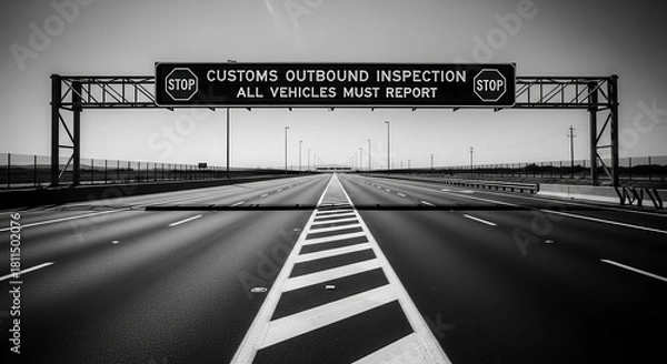 Fototapeta Highway Customs Inspection Sign In Monochrome, Leading Lines and Perspective