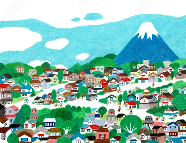 Obraz 手描きイラスト　富士山の見える町とそこに住々む人	