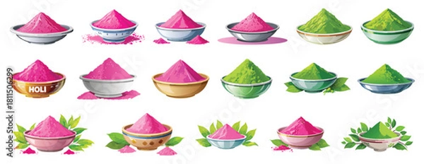 Fototapeta Set of colorful Gulal powder bowls for Holi festival celebration vector.