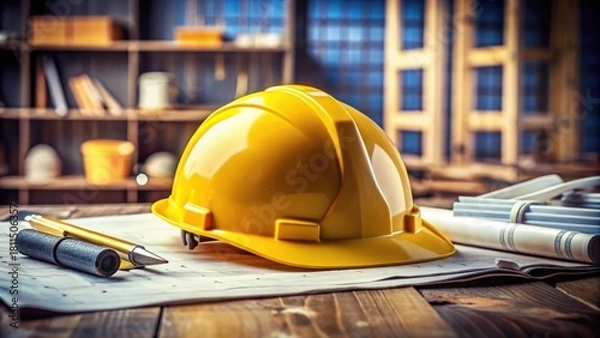 Fototapeta A yellow hardhat sits on a construction site workbench with tools and blueprints scattered around it