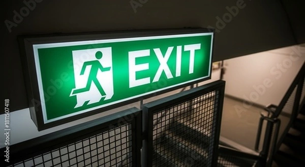 Obraz Illuminated Exit Sign Directing Towards Safety and Evacuation Stairwell