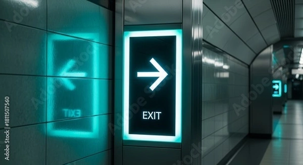 Fototapeta Illuminated Exit Sign Directs Forward In Modern Architectural Space During Modern Times