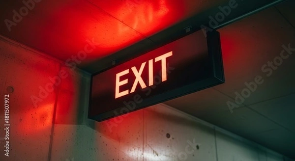 Obraz Illuminated Exit Sign Providing Guidance and Direction In a Concrete Structure Setting