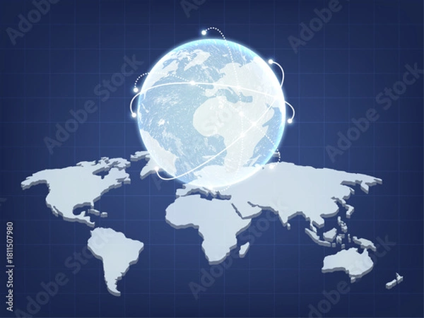 Obraz Global Network Connection Background – Digital Earth Globe with World Map and Data Lines Technology Illustration
