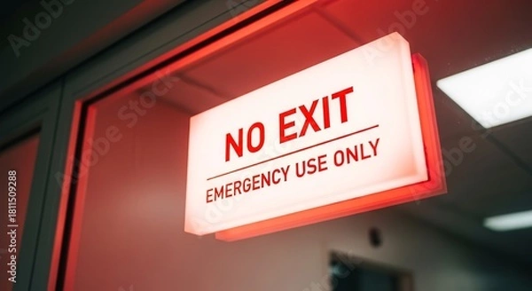 Fototapeta Illuminated No Exit Sign Emphasizing Emergency Access in a High-Risk Environment