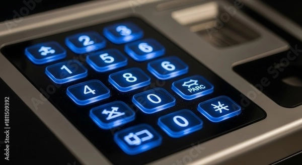 Fototapeta Illuminated Numeric Keypad Detail: Secure Access With Glowing Blue Buttons And Technology