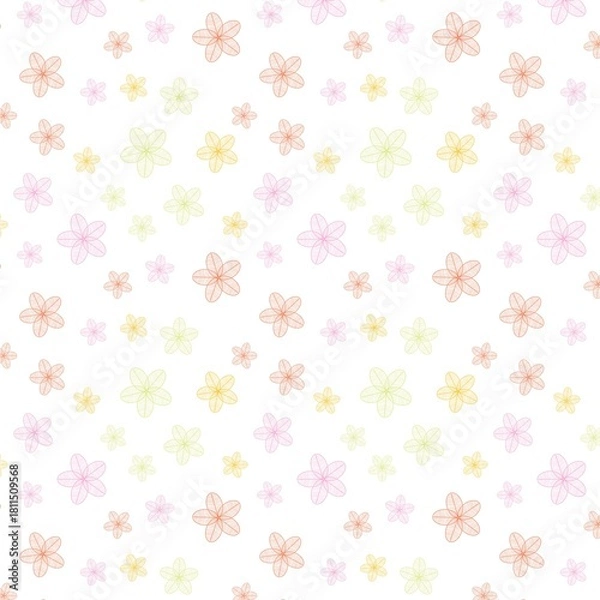 Fototapeta A seamless pattern of pastel colored flowers scattered on a white background in a random arrangement