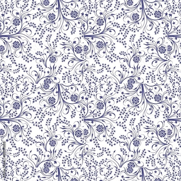 Fototapeta A seamless pattern with dark blue floral designs and swirling vines on a white background surface design