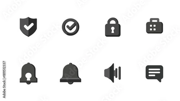 Fototapeta Modern UI/UX Web and App Interface Icons Set: Security, Lock, Verified, Notification, Message, Sound, Document Symbols