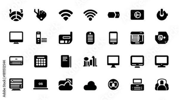 Fototapeta Vector Technology Icons Set. Digital Devices, Communication, Network, Wireless, Internet, Cloud Computing, and Mobile Glyphs