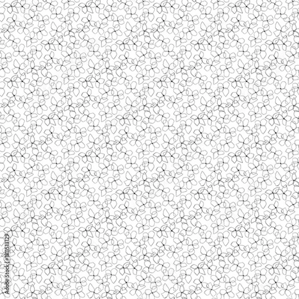 Fototapeta Seamless pattern of small outlined flowers and leaves scattered on a white background creating a dense texture