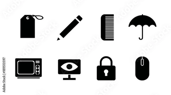 Fototapeta Diverse black silhouette icons set: tag, pencil, comb, umbrella, microwave, eye monitor, padlock, mouse. UI/UX elements.