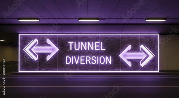 Fototapeta Illuminated Tunnel Directional Sign With Arrows, Signaling Diversion In A Transportation Setting