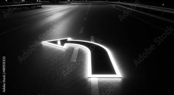 Fototapeta Illuminated Turn Signal on Dark Road as a Concept of Guidance and Direction