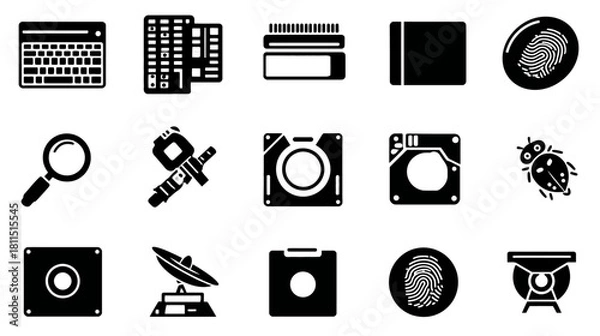 Fototapeta Modern Technology, Cybersecurity, and Electronics Vector Icon Set: Computing, Data, Surveillance, Engineering