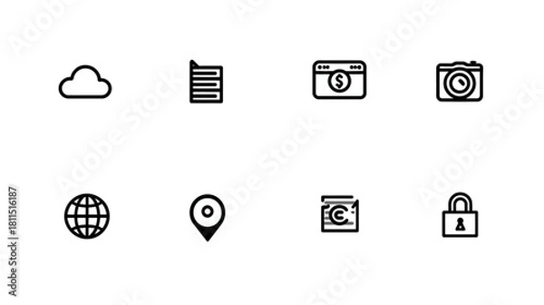 Fototapeta Minimalist outline icon set for web and app design, including cloud storage, e-commerce, security, and global communication.