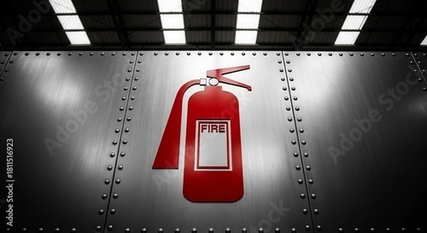 Fototapeta Industrial Background Featuring Fire Extinguisher Sign on Metallic Surface with Natural Lighting