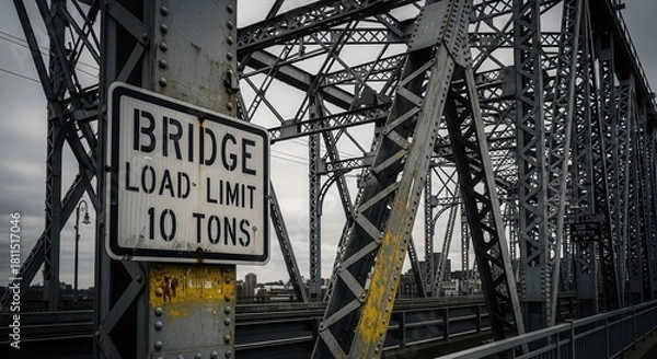 Fototapeta Industrial Bridge Structure Against Cloudy Sky, Concrete Supports Signifying Strength
