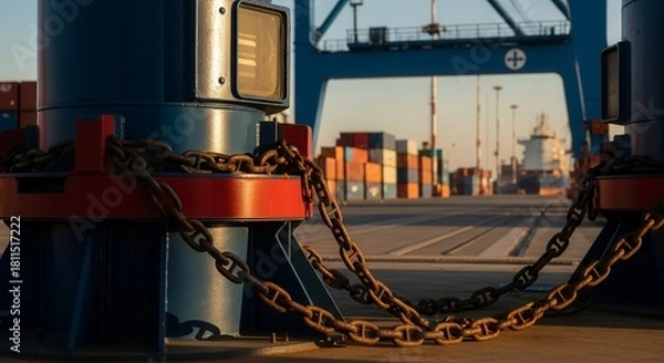 Fototapeta Industrial Chains Secure Massive Construction Elements at a Busy International Port