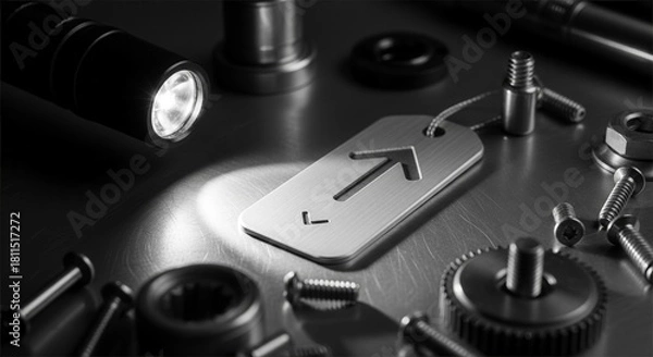 Fototapeta Industrial Components Illuminated Symbolism And Conceptual Arrangement In Grey Tones