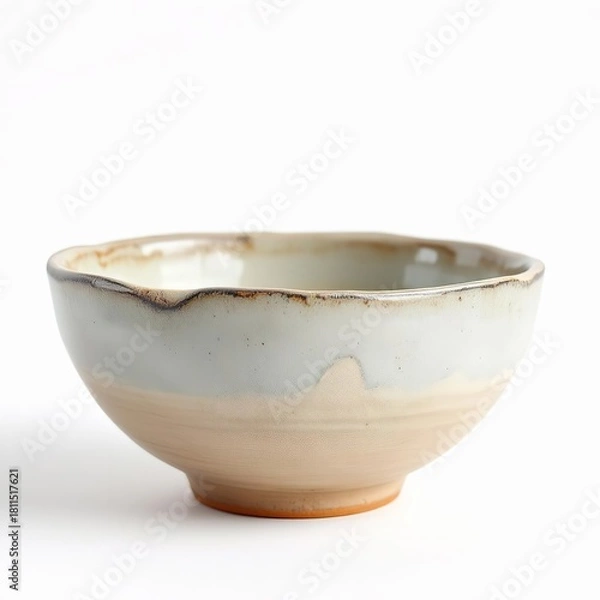Fototapeta Handmade ceramic bowl with rustic glaze and uneven rim isolated on white background