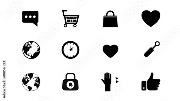 Fototapeta Diverse black vector web, app, and e-commerce icon set for user interface design, communication, shopping, time, and security