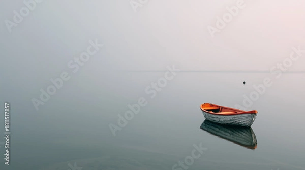 Fototapeta A tiny boat floating on a vast calm sea under a pale minimalist sky.
